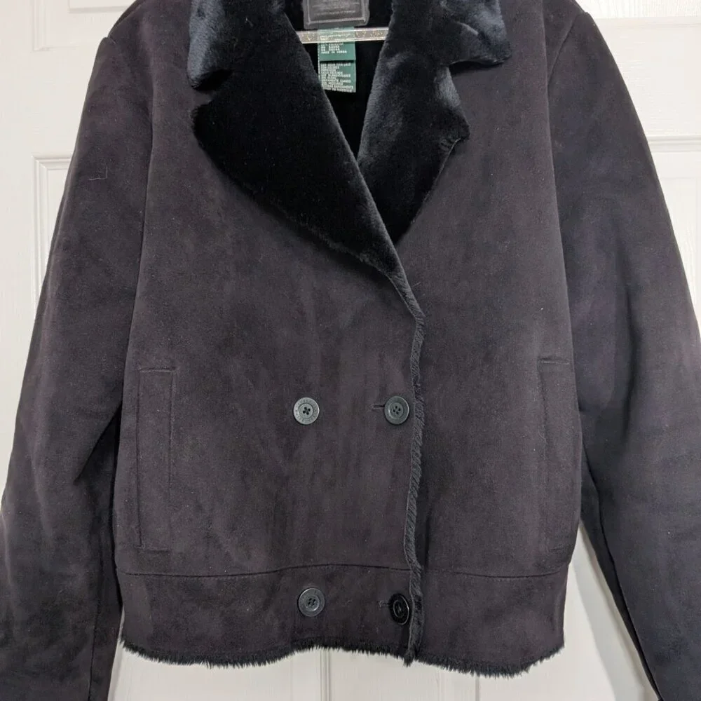 Lauren Ralph Lauren Faux Suede Fur Jacket Womens Size Large Black Double Breast